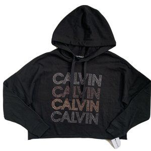 Calvin Klein Pullover Hoodie Rhinestone Logo Cropped